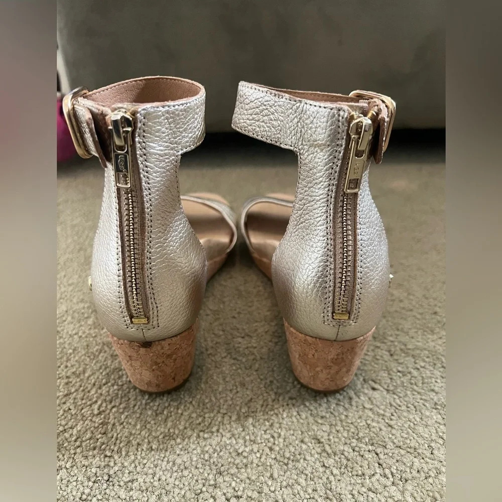 UGG Ankle Strap Sandals Size 7.5 Gold Leather Cork Heel Comfort Shoes